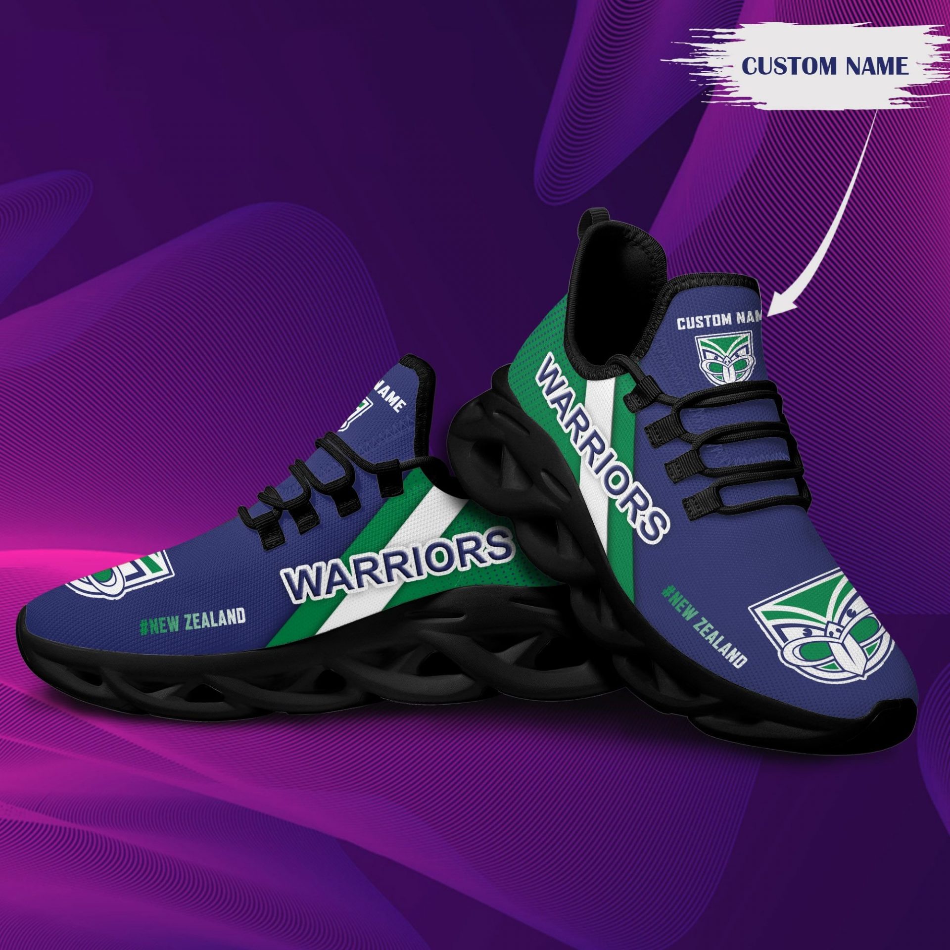 NRL New Zealand Warriors Custom Name Blue Green Max Soul Shoes V2 NRL New Zealand Warriors Custom Name Blue Green Max Soul Shoes V2