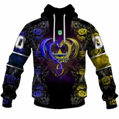NRL North Queensland Cowboys Custom Name Number Rose Dragon Pullover Hoodie