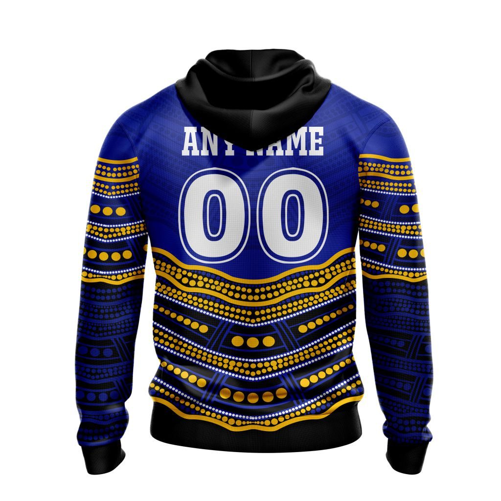 NRL Parramatta Eels Custom Name Number Indigenous Mascot Pullover Hoodie NRL Parramatta Eels Custom Name Number Indigenous Mascot Pullover Hoodie
