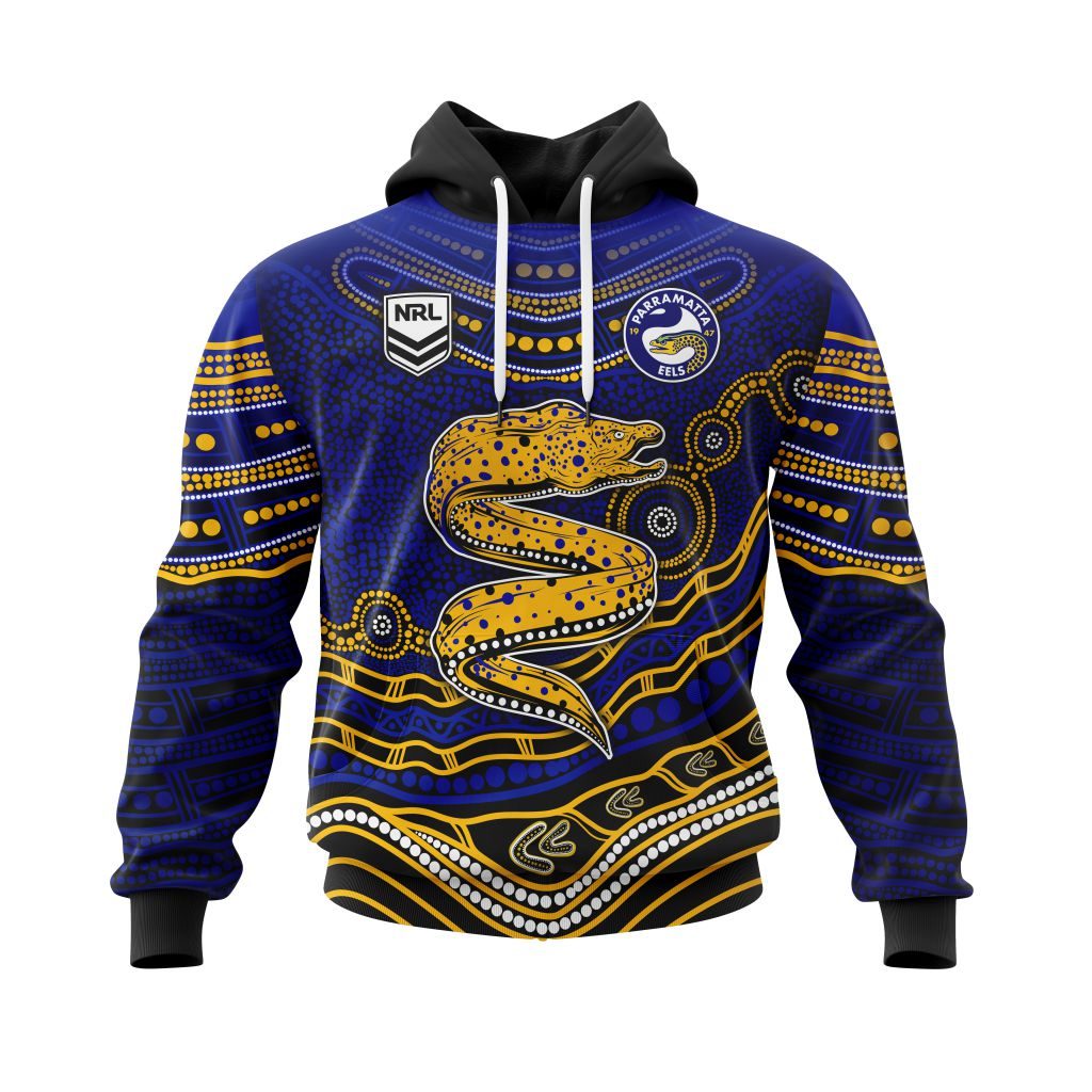 NRL Parramatta Eels Custom Name Number Indigenous Mascot Pullover Hoodie NRL Parramatta Eels Custom Name Number Indigenous Mascot Pullover Hoodie