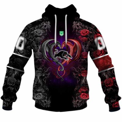 NRL Penrith Panthers Custom Name Number Rose Dragon Pullover Hoodie