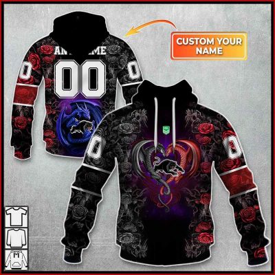 NRL Penrith Panthers Custom Name Number Rose Dragon Pullover Hoodie