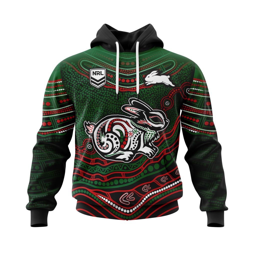 NRL South Sydney Rabbitohs Custom Name Number Indigenous Mascot Pullover Hoodie NRL South Sydney Rabbitohs Custom Name Number Indigenous Mascot Pullover Hoodie