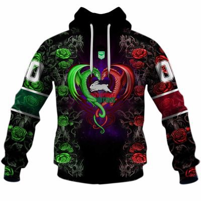 NRL South Sydney Rabbitohs Custom Name Number Rose Dragon Pullover Hoodie