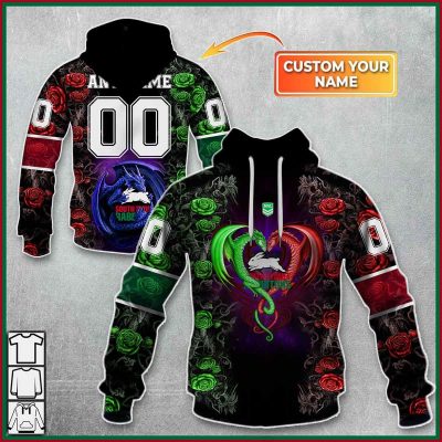 NRL South Sydney Rabbitohs Custom Name Number Rose Dragon Pullover Hoodie