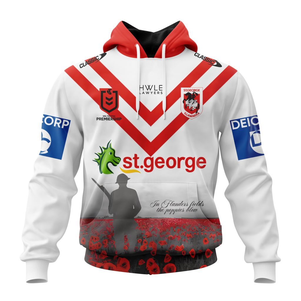 NRL St. George Illawarra Dragons Custom Name Number 2023 ANZAC Day Pullover Hoodie NRL St. George Illawarra Dragons Custom Name Number 2023 ANZAC Day Pullover Hoodie