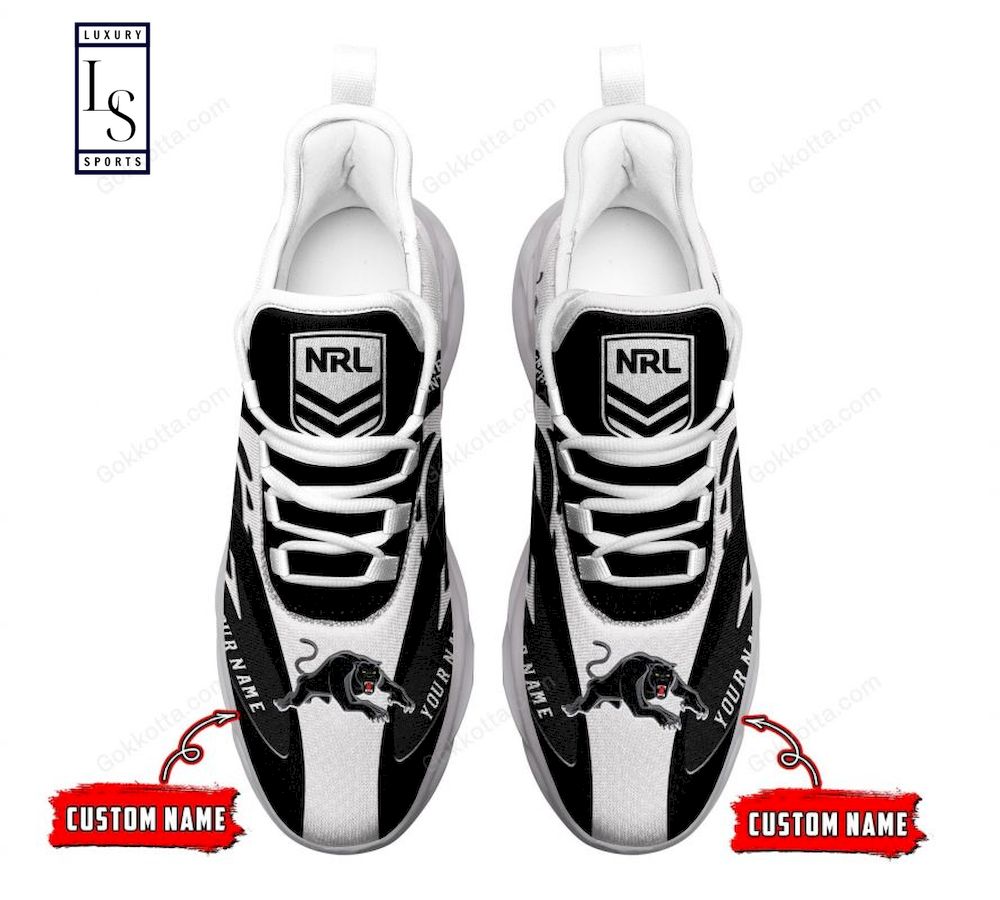 NRL Penrith Panthers Custom Name Black White Max Soul Shoes NRL Penrith Panthers Custom Name Black White Max Soul Shoes
