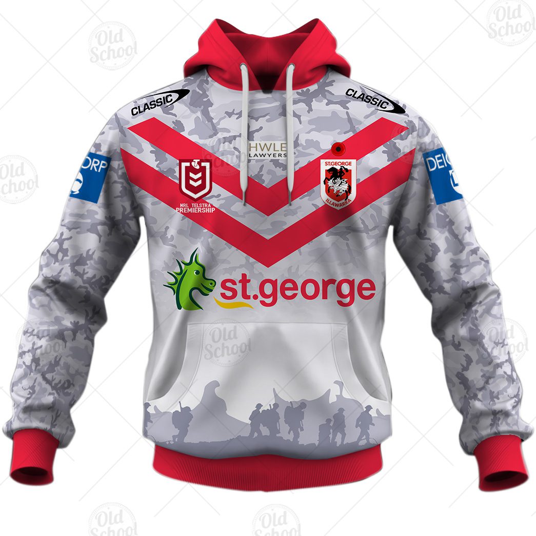 NRL St. George Illawarra Dragons Custom Name Number 2021 ANZAC Pullover Hoodie NRL St. George Illawarra Dragons Custom Name Number 2021 ANZAC Pullover Hoodie