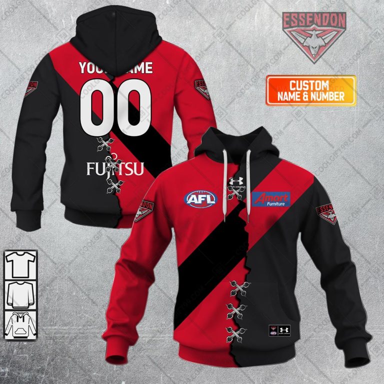 AFL Essendon Bombers Custom Name Number 2023 Mix Guernsey V2 Pullover Hoodie AFL Essendon Bombers Custom Name Number 2023 Mix Guernsey V2 Pullover Hoodie