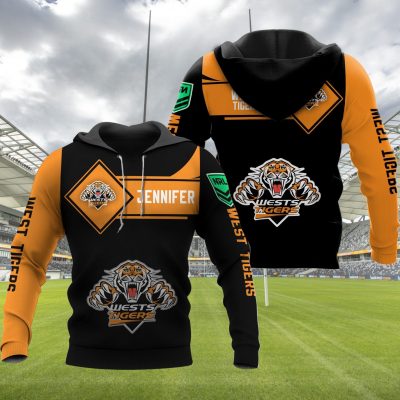 NRL Wests Tigers Custom Name Gold Black Pullover Hoodie
