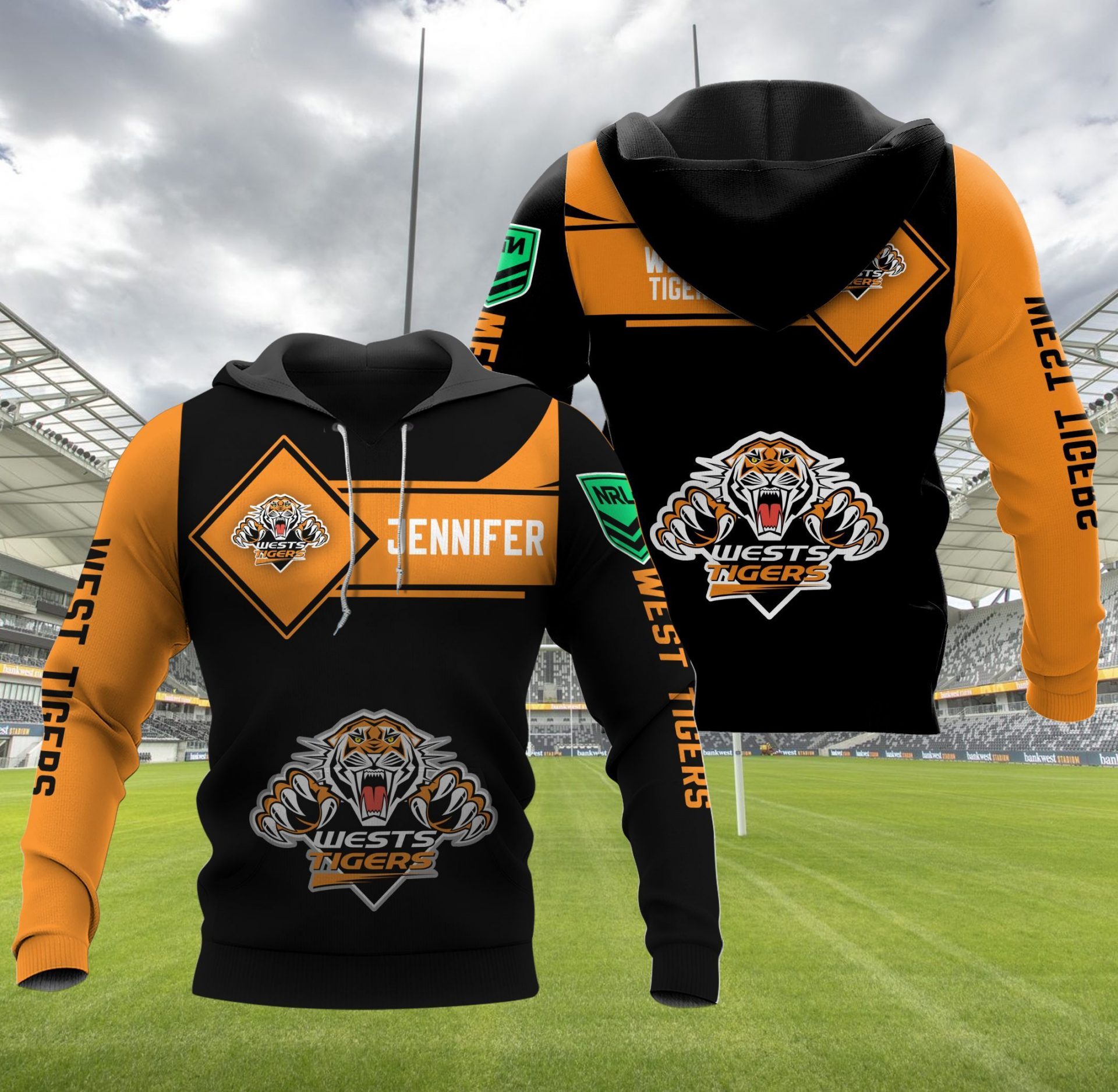 NRL Wests Tigers Custom Name Gold Black Pullover Hoodie NRL Wests Tigers Custom Name Gold Black Pullover Hoodie