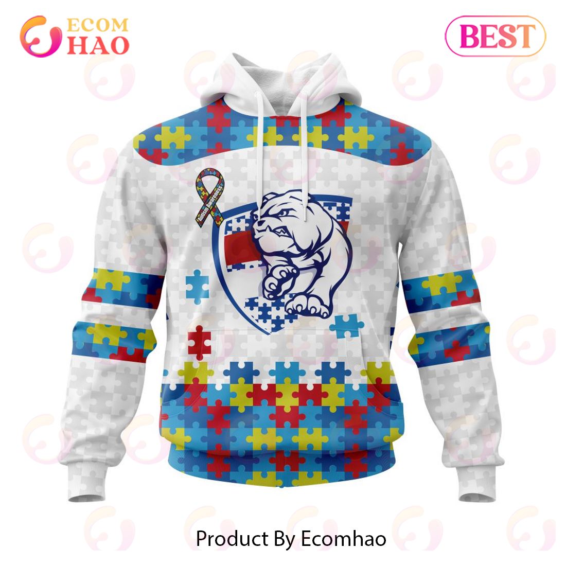 AFL Western Bulldogs Custom Name Number Autism Awareness Pullover Hoodie AFL Western Bulldogs Custom Name Number Autism Awareness Pullover Hoodie
