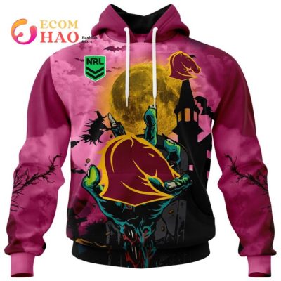 NRL Brisbane Broncos Custom Name Number Halloween Pullover Hoodie V3