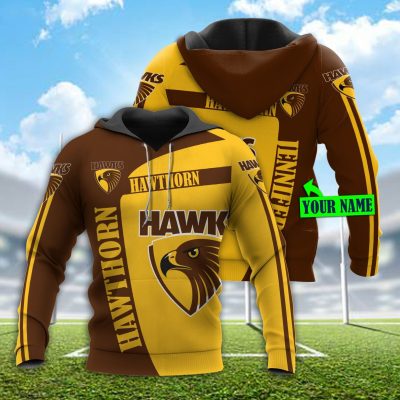 AFL Hawthorn Hawks Custom Name Brown Gold Pullover Hoodie