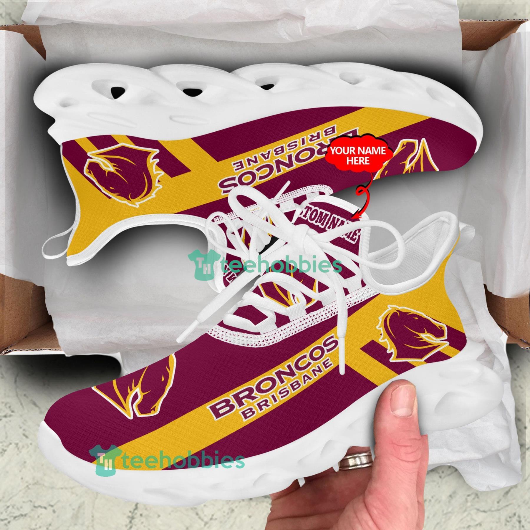 NRL Brisbane Broncos Custom Name Maroon Gold Max Soul Shoes V2 NRL Brisbane Broncos Custom Name Maroon Gold Max Soul Shoes V2
