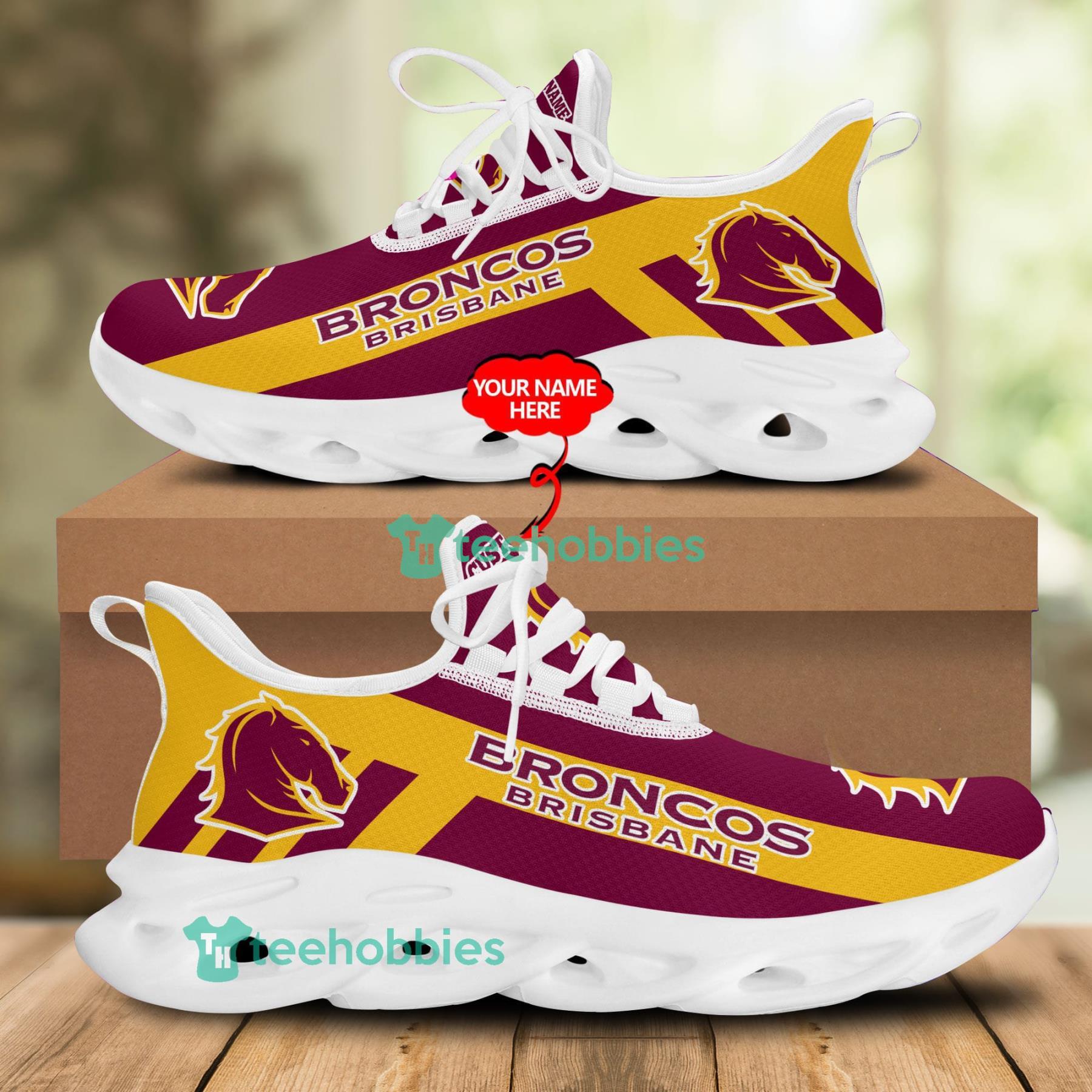 NRL Brisbane Broncos Custom Name Maroon Gold Max Soul Shoes V2 NRL Brisbane Broncos Custom Name Maroon Gold Max Soul Shoes V2