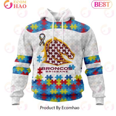 NRL Brisbane Broncos Custom Name Number Autism Awareness Pullover Hoodie