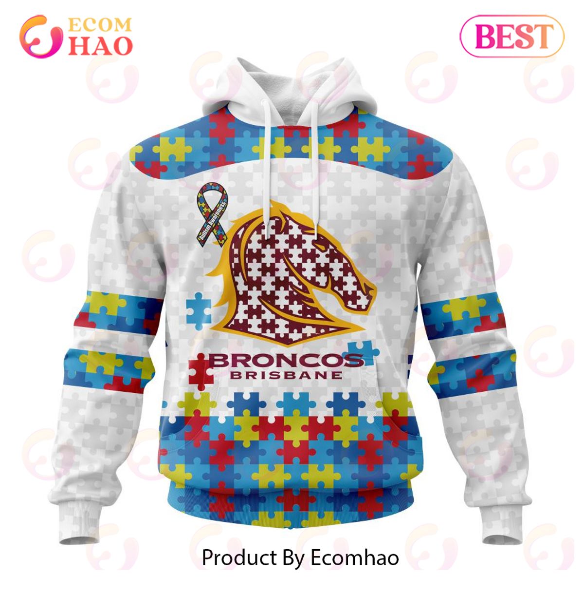 NRL Brisbane Broncos Custom Name Number Autism Awareness Pullover Hoodie NRL Brisbane Broncos Custom Name Number Autism Awareness Pullover Hoodie
