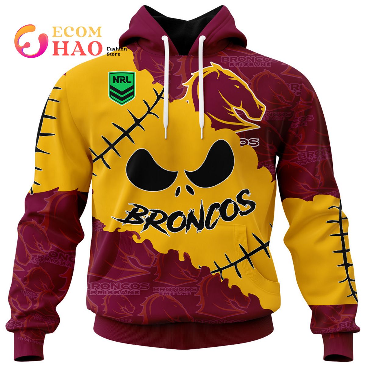 NRL Brisbane Broncos Custom Name Number Halloween Pullover Hoodie NRL Brisbane Broncos Custom Name Number Halloween Pullover Hoodie