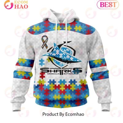 NRL Cronulla-Sutherland Sharks Custom Name Number Autism Awareness Pullover Hoodie