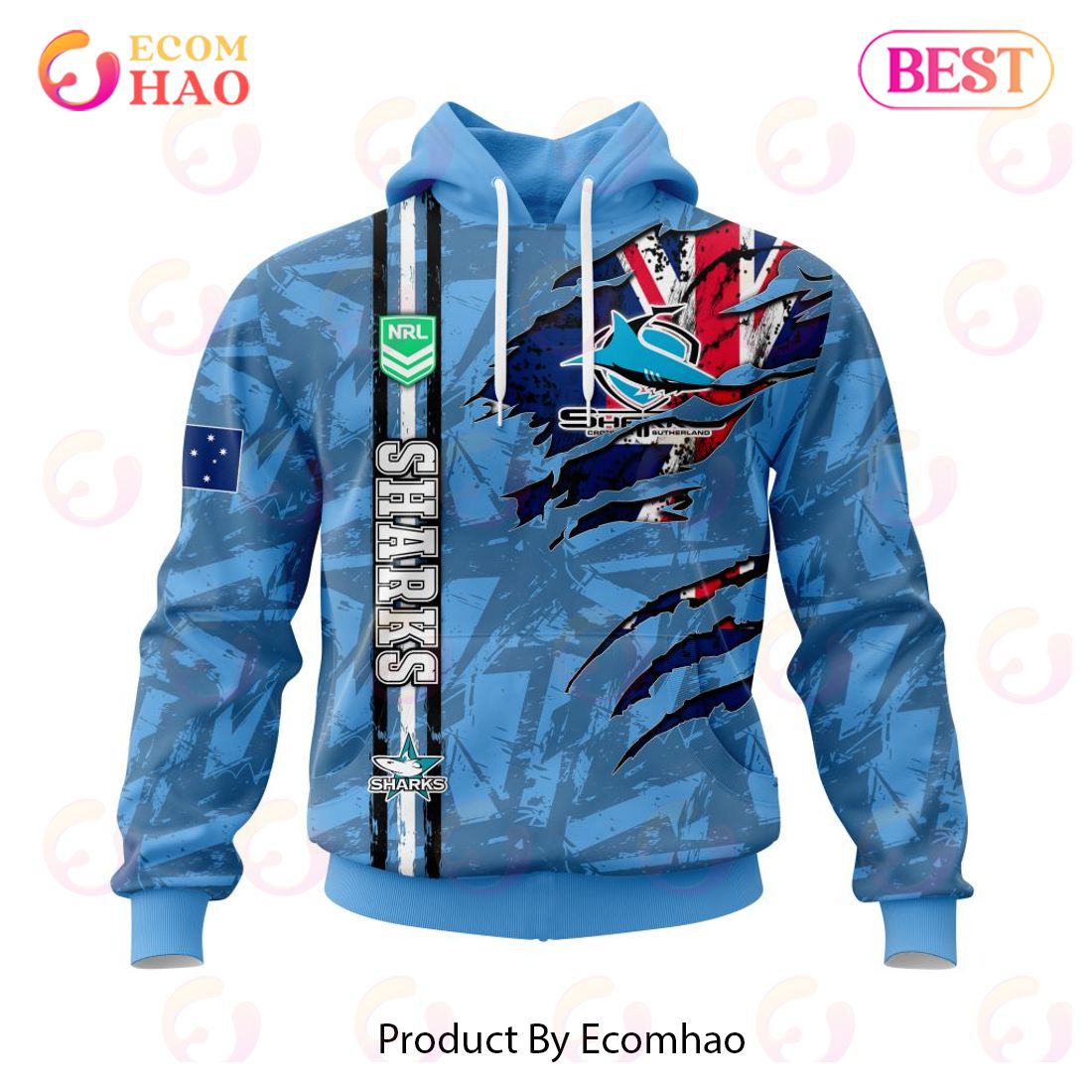 NRL Cronulla-Sutherland Sharks Custom Name Number Flag Scratch Pullover Hoodie NRL Cronulla-Sutherland Sharks Custom Name Number Flag Scratch Pullover Hoodie