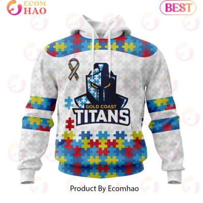 NRL Gold Coast Titans Custom Name Number Autism Awareness Pullover Hoodie