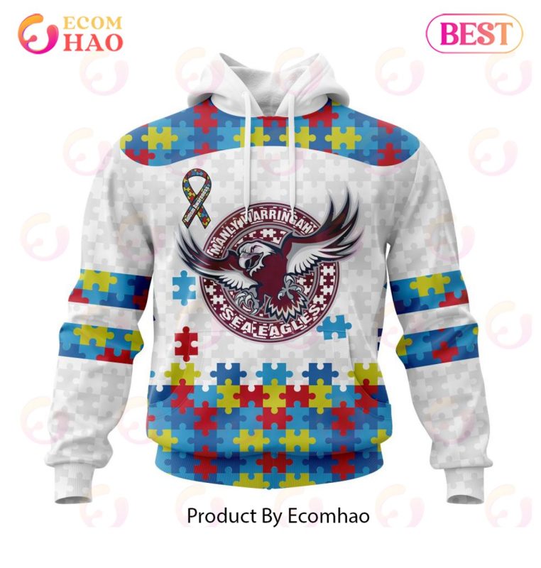 NRL Manly Warringah Sea Eagles Custom Name Number Autism Awareness Pullover Hoodie NRL Manly Warringah Sea Eagles Custom Name Number Autism Awareness Pullover Hoodie