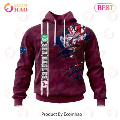 NRL Manly Warringah Sea Eagles Custom Name Number Flag Scratch Pullover Hoodie