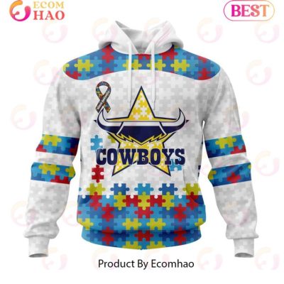 NRL North Queensland Cowboys Custom Name Number Autism Awareness Pullover Hoodie