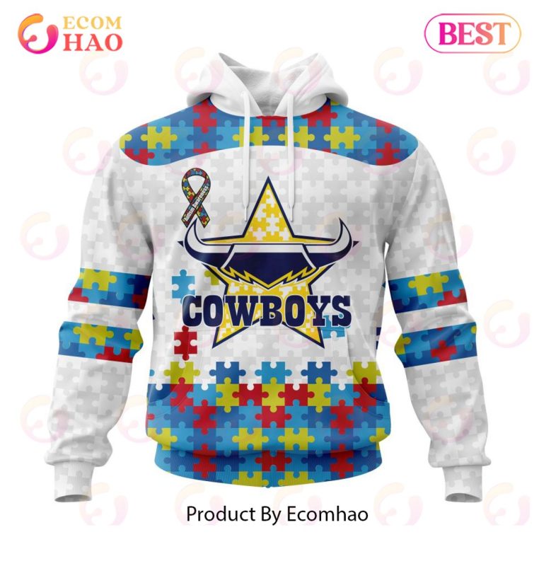 NRL North Queensland Cowboys Custom Name Number Autism Awareness Pullover Hoodie NRL North Queensland Cowboys Custom Name Number Autism Awareness Pullover Hoodie