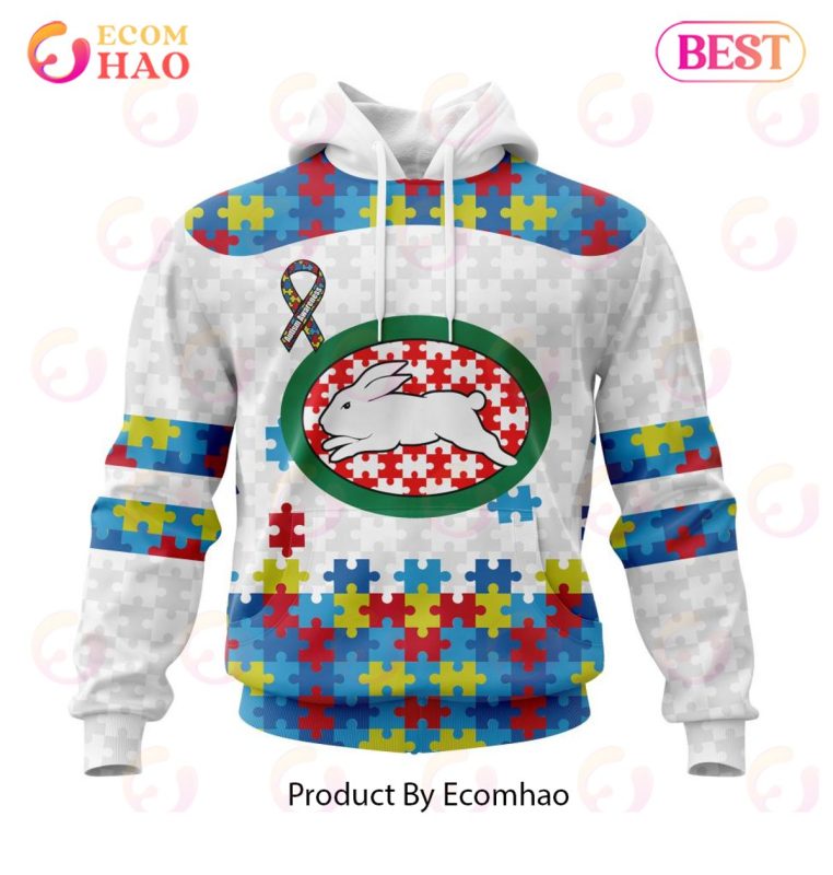 NRL South Sydney Rabbitohs Custom Name Number Autism Awareness Pullover Hoodie NRL South Sydney Rabbitohs Custom Name Number Autism Awareness Pullover Hoodie