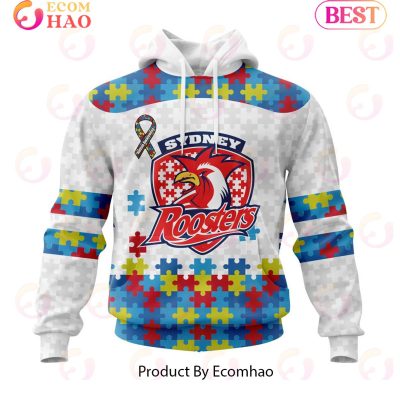 NRL Sydney Roosters Custom Name Number Autism Awareness Pullover Hoodie