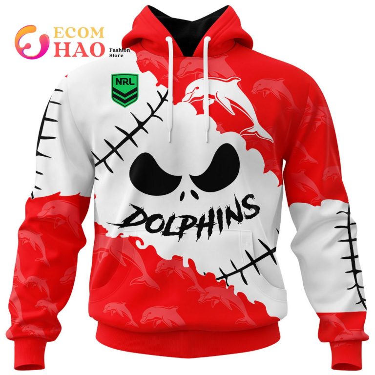 NRL Dolphins Custom Name Number Halloween Style Pullover Hoodie NRL Dolphins Custom Name Number Halloween Style Pullover Hoodie