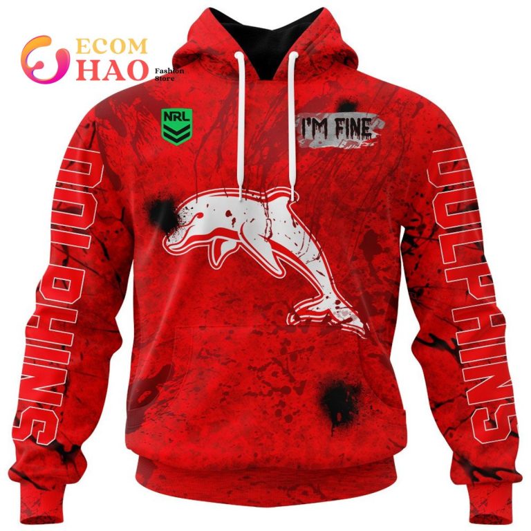 NRL Dolphins Custom Name Number I'm Fine In Halloween Pullover Hoodie NRL Dolphins Custom Name Number I'm Fine In Halloween Pullover Hoodie