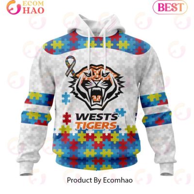 NRL Wests Tigers Custom Name Number Autism Awareness Pullover Hoodie