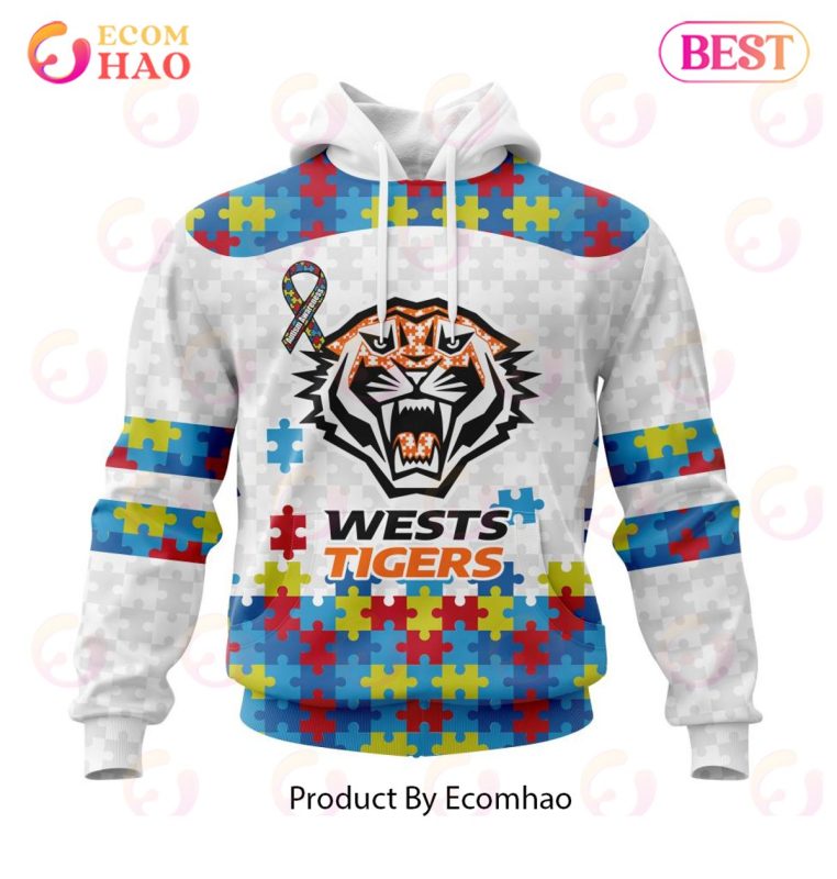 NRL Wests Tigers Custom Name Number Autism Awareness Pullover Hoodie NRL Wests Tigers Custom Name Number Autism Awareness Pullover Hoodie