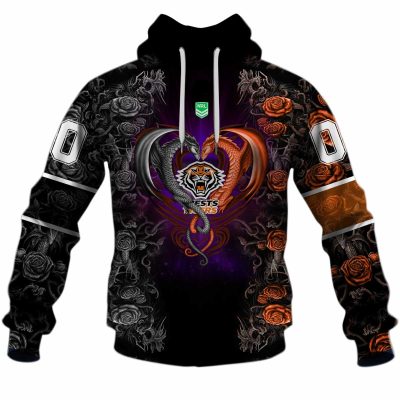 NRL Wests Tigers Custom Name Number Rose Dragon Pullover Hoodie