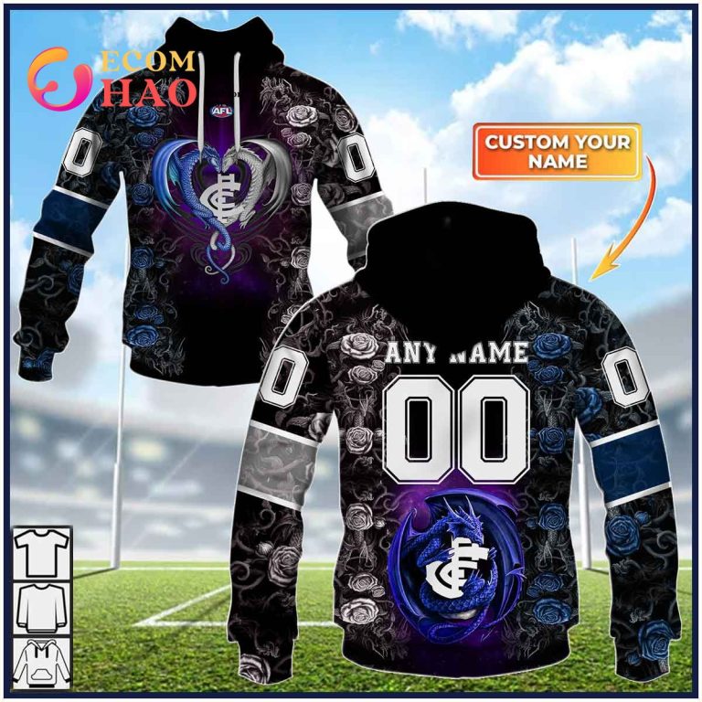 AFL Carlton Blues Custom Name Number Rose Dragon Pullover Hoodie AFL Carlton Blues Custom Name Number Rose Dragon Pullover Hoodie