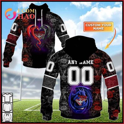 AFL Essendon Bombers Custom Name Number Rose Dragon Pullover Hoodie