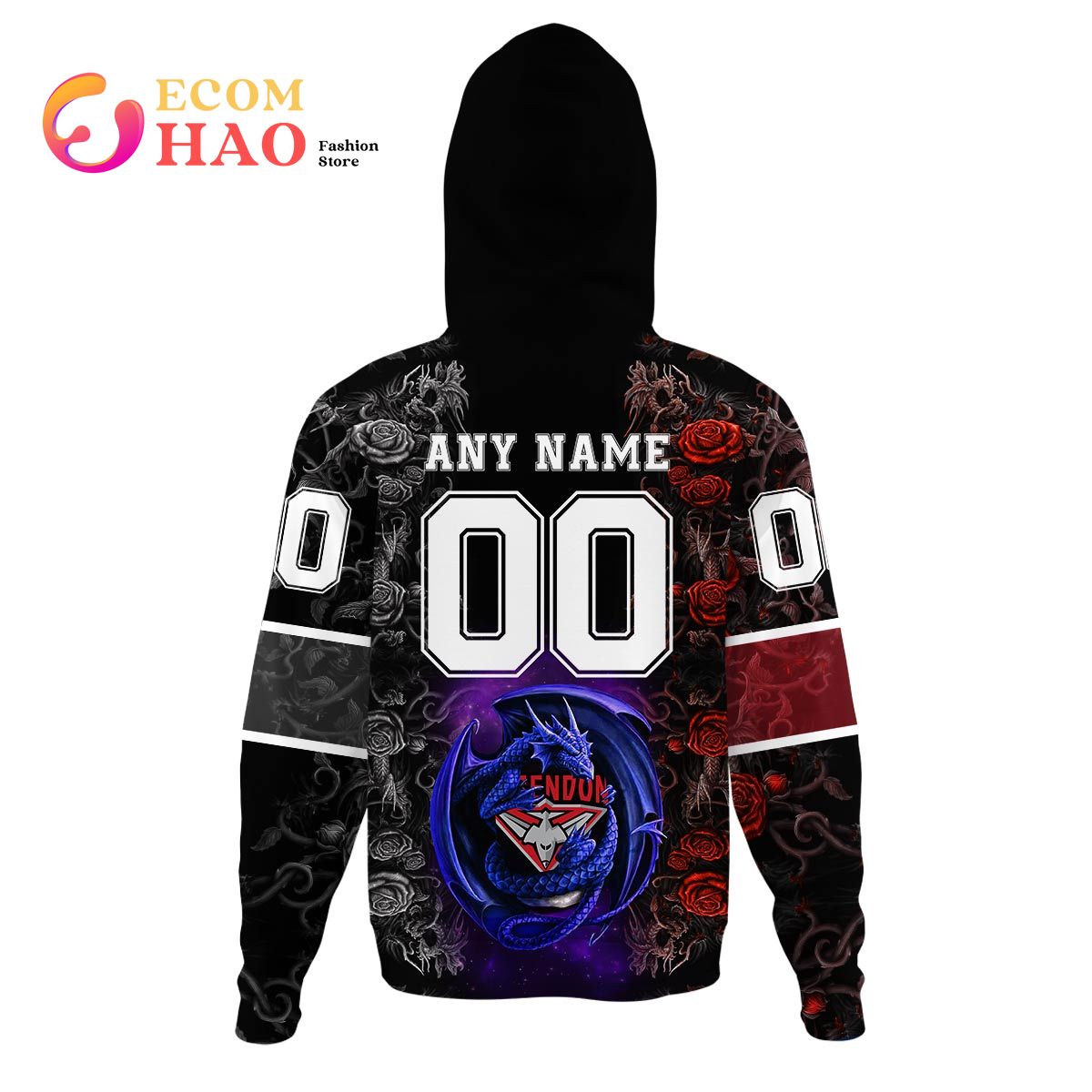 AFL Essendon Bombers Custom Name Number Rose Dragon Pullover Hoodie AFL Essendon Bombers Custom Name Number Rose Dragon Pullover Hoodie