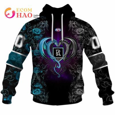 AFL Port Adelaide Custom Name Number Rose Dragon Pullover Hoodie
