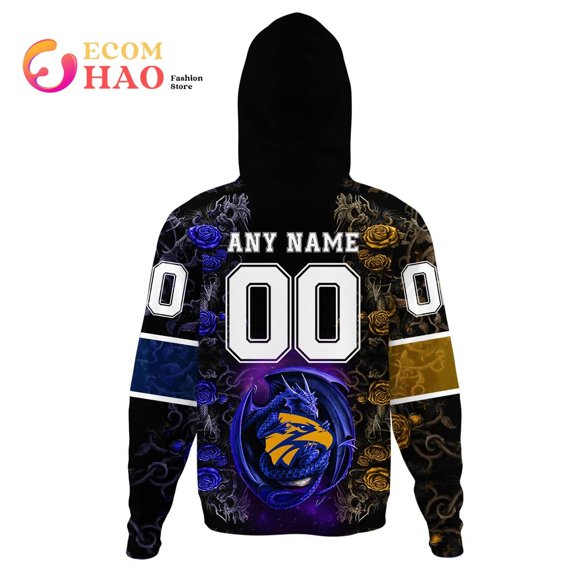 AFL West Coast Eagles Custom Name Number Rose Dragon Pullover Hoodie AFL West Coast Eagles Custom Name Number Rose Dragon Pullover Hoodie