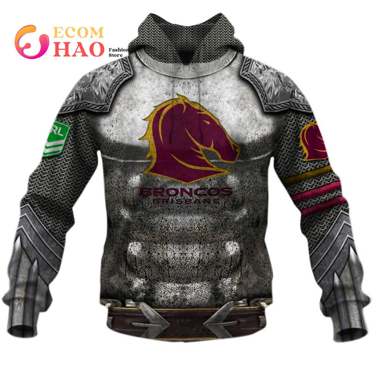 NRL Brisbane Broncos Custom Name Number Armor Pullover Hoodie NRL Brisbane Broncos Custom Name Number Armor Pullover Hoodie