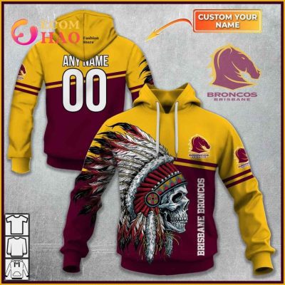 NRL Brisbane Broncos Custom Name Number Native Skull Pullover Hoodie