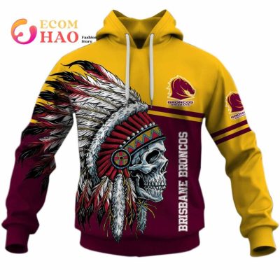 NRL Brisbane Broncos Custom Name Number Native Skull Pullover Hoodie