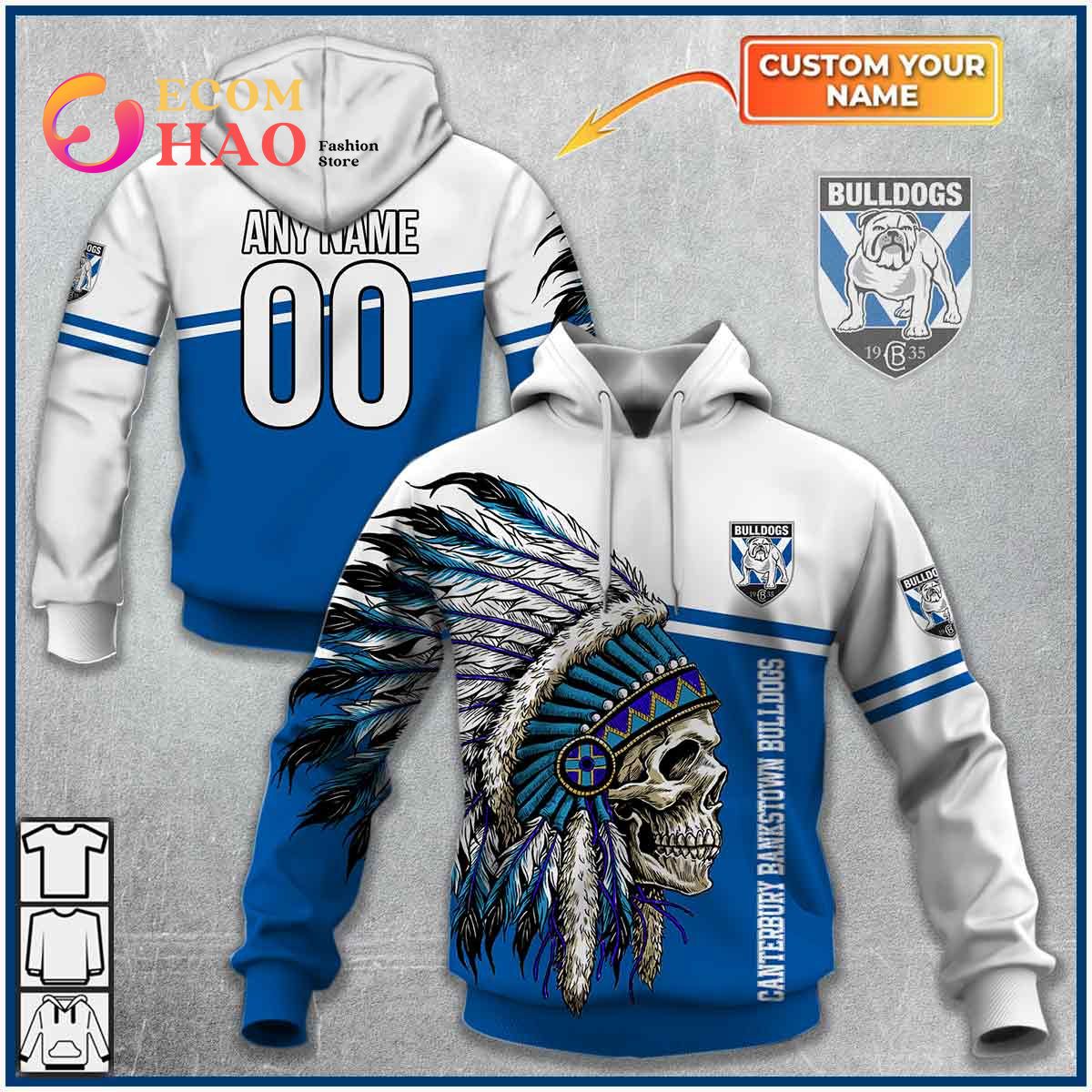 NRL Canterbury-Bankstown Bulldogs Custom Name Number Native Skull Pullover Hoodie NRL Canterbury-Bankstown Bulldogs Custom Name Number Native Skull Pullover Hoodie