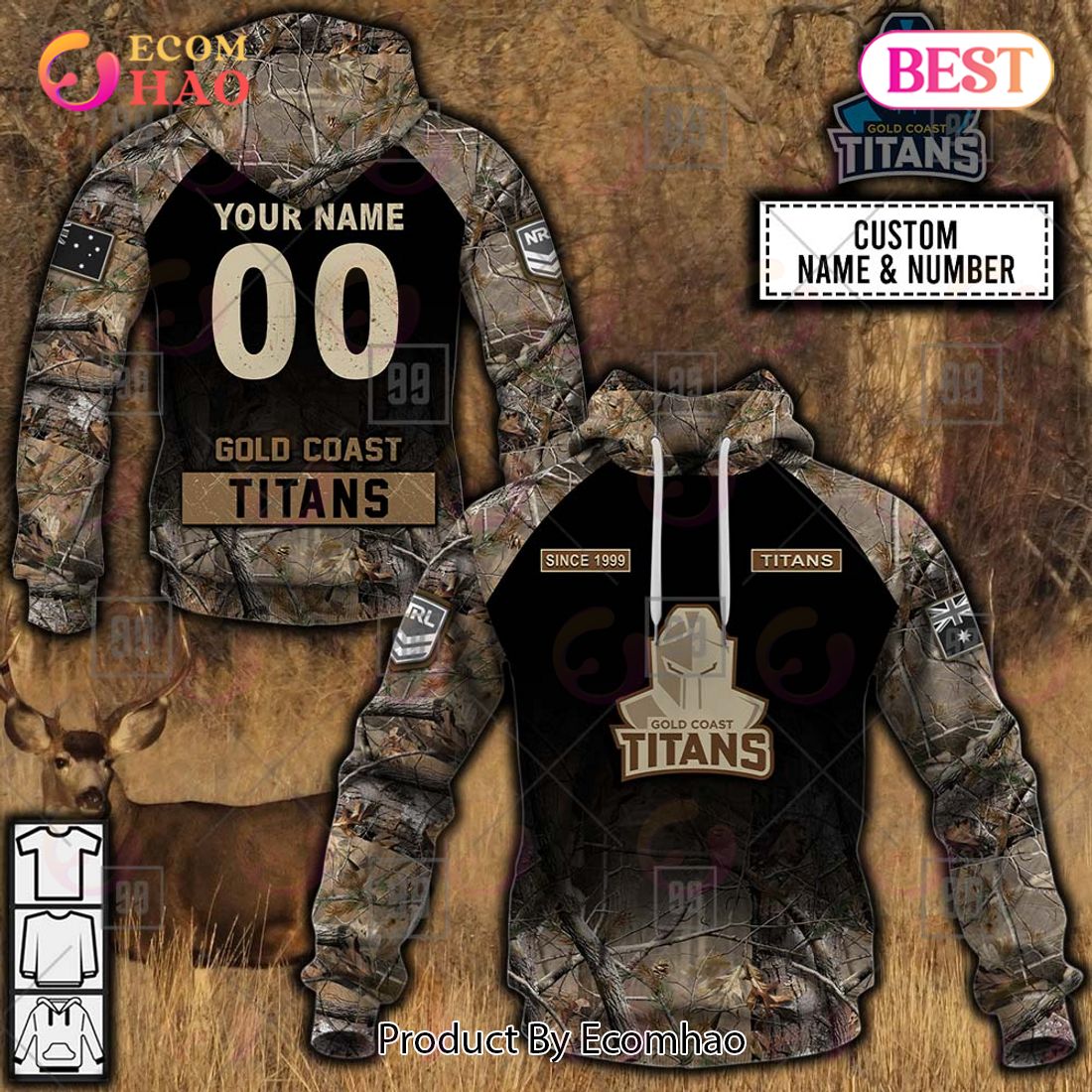 NRL Gold Coast Titans Custom Name Number Camo Pullover Hoodie NRL Gold Coast Titans Custom Name Number Camo Pullover Hoodie