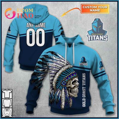 NRL Gold Coast Titans Custom Name Number Native Skull Pullover Hoodie