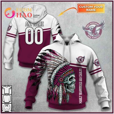 NRL Manly Warringah Sea Eagles Custom Name Number Native Skull Pullover Hoodie