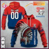 NRL Newcastle Knights Custom Name Number Native Skull Pullover Hoodie